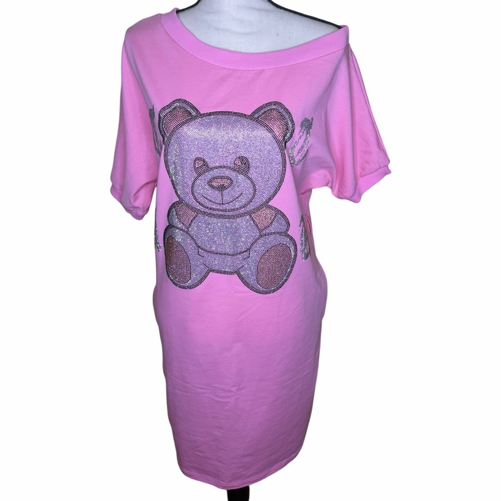 Pink Teddy Bear Graphic T-Shirt Dress